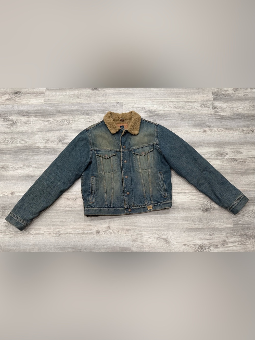 Abercrombie & Fitch Blue Denim Jacket with Tan Sherpa Collar